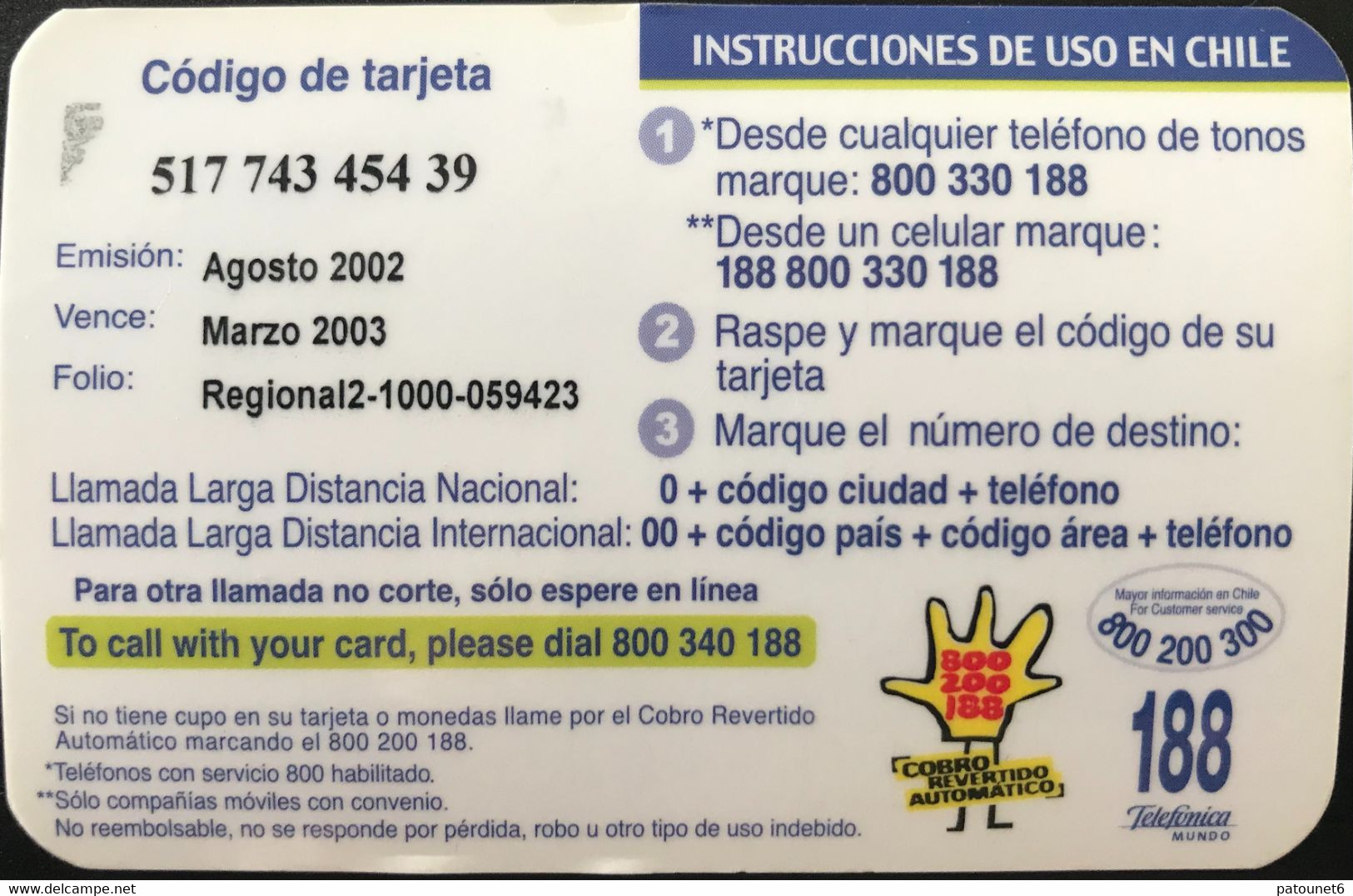 CHILI  -  Recharge  -  Telefonica Mundo  -  $ 1.000 - Cile