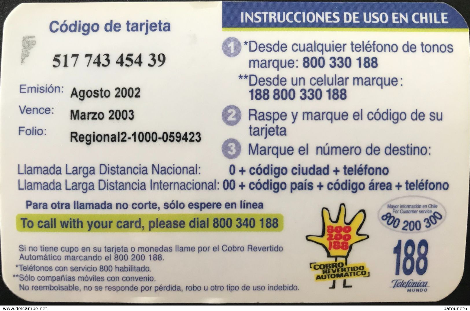 CHILI  -  Recharge  -  Telefonica Mundo  -  $ 1.000 - Chile