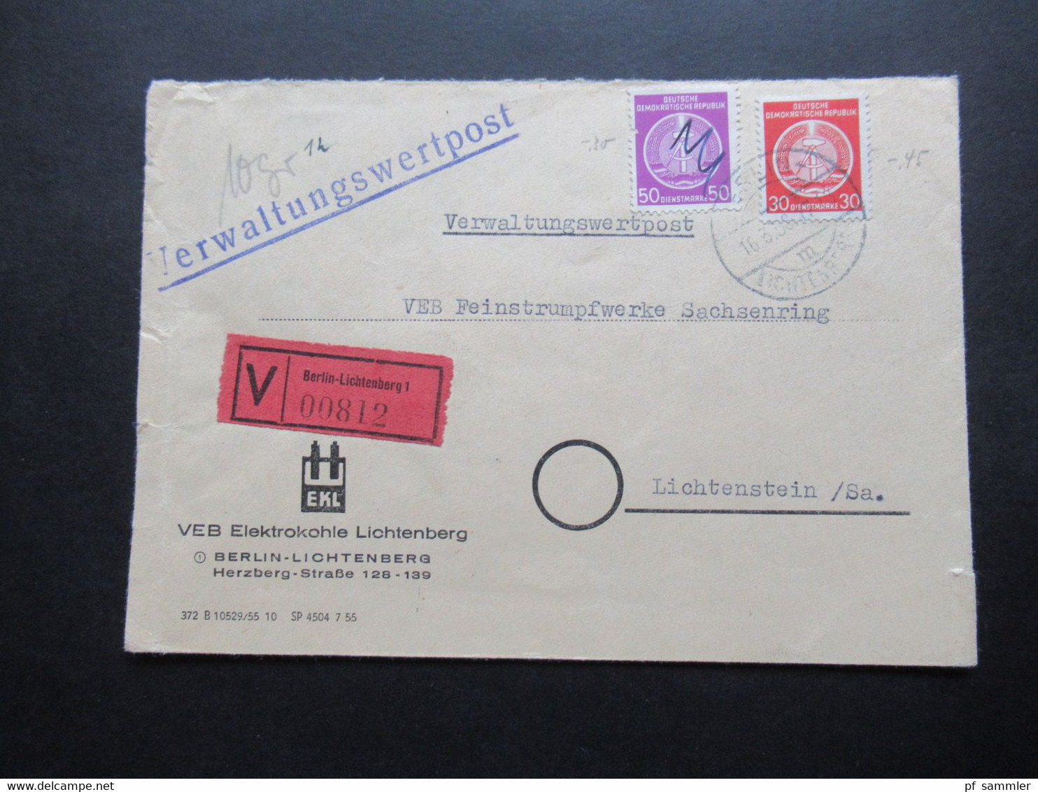 Dienst 1956 Verwaltungswertpost V Brief Berlin Lichtenberg -Lichtenstein VEB Elektrokohle Marke Handschriftl. Entwertet - Altri & Non Classificati
