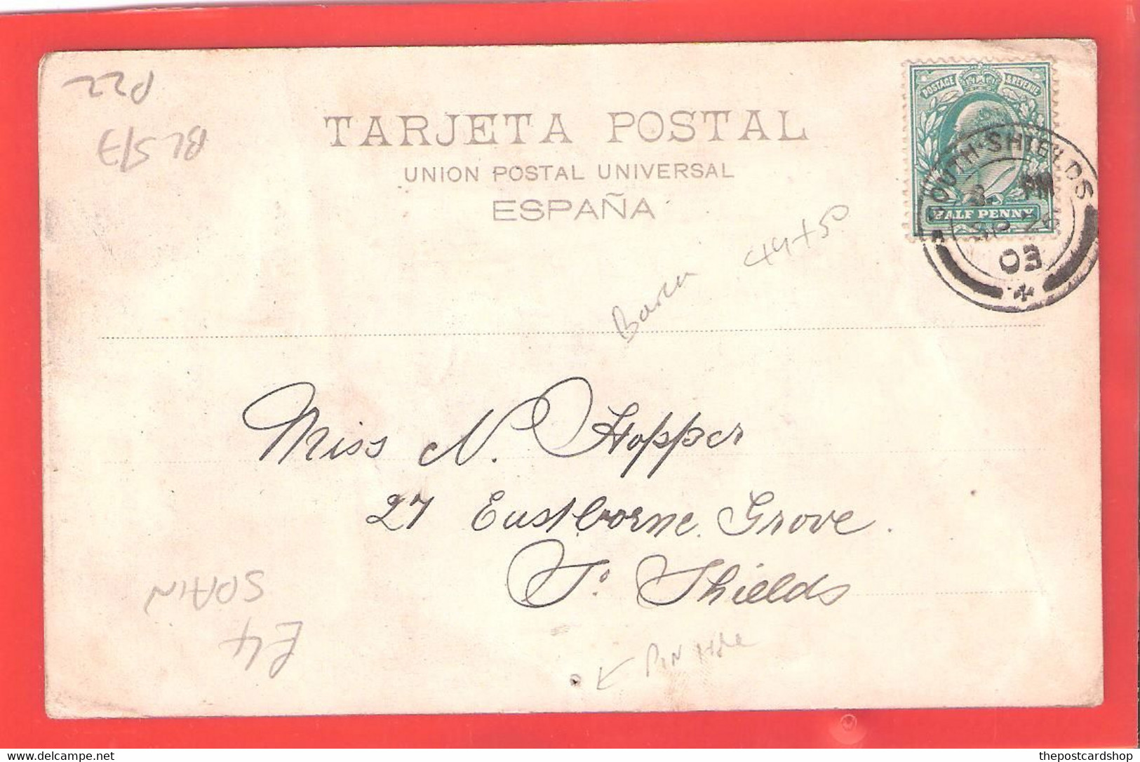 SPAIN ESPANA DOS SIMPLE CATALUNA HAUSER Y MENET BARCELONA No.637 GREEN TINT UNUSUAL USED 1903 CIRCULADA PLAZA REAL - Barcelona