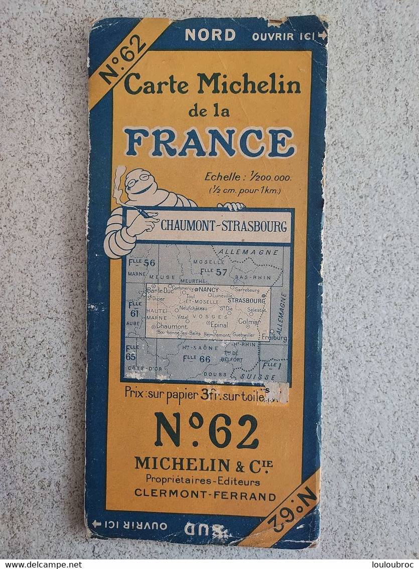 CARTE ROUTIERE MICHELIN N°62 CHAUMONT-STRASBOURG 1/200 000 BIBENDUM - Callejero