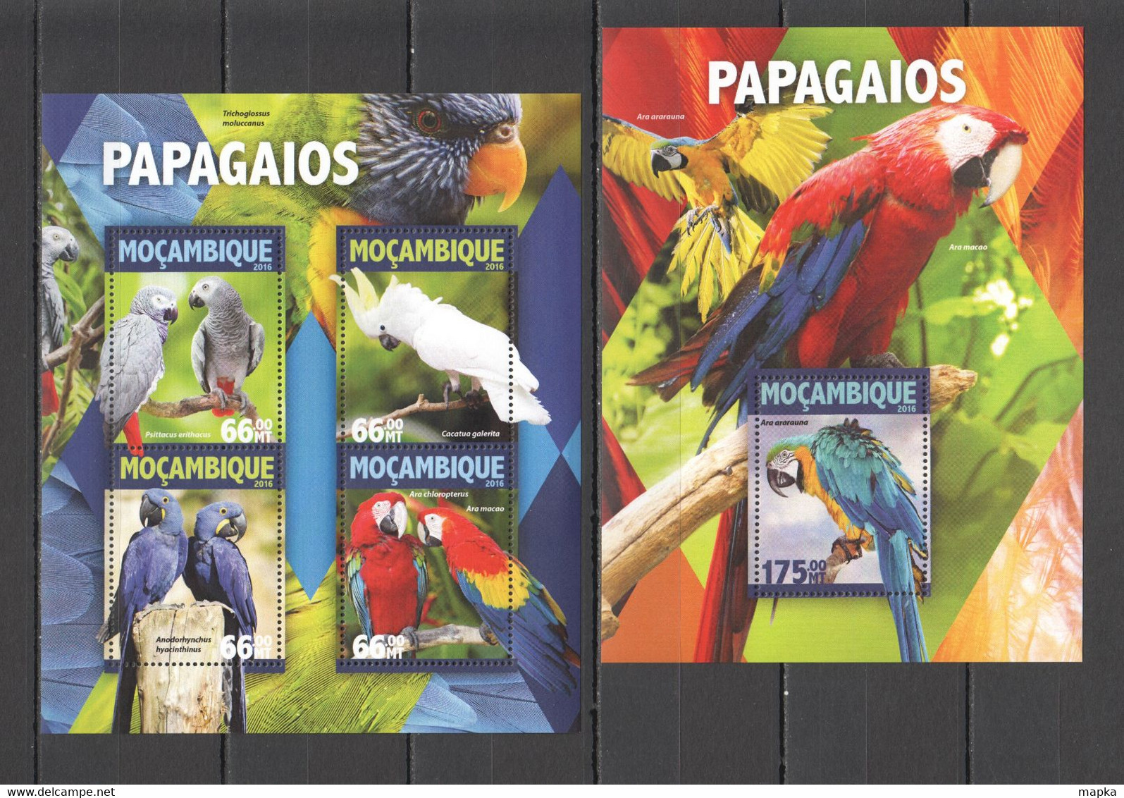 ST2157 2016 MOZAMBIQUE MOCAMBIQUE FAUNA BIRDS PARROTS 1KB+1BL MNH - Parrots