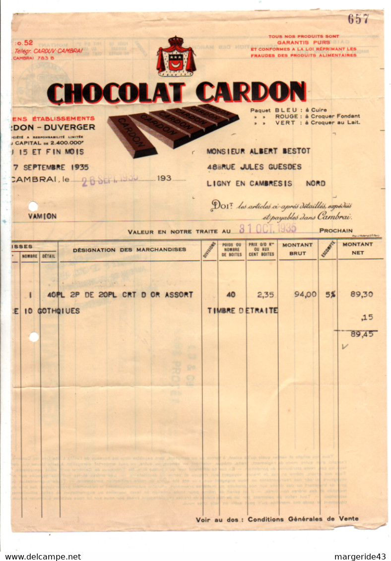 FACTURE + TRAITE CHOCOLAT CARDON à CAMBRAI 1935 - 1900 – 1949