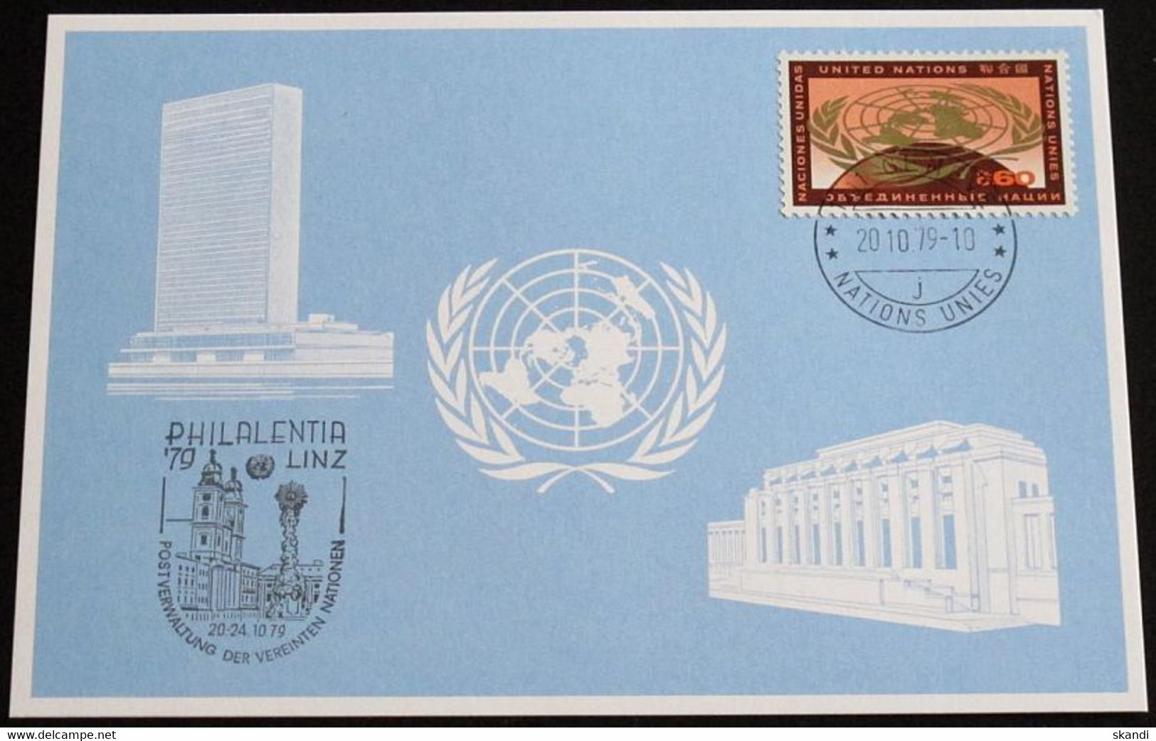 UNO GENF 1979 Mi-Nr. 82 Blaue Karte - Blue Card Mit Erinnerungsstempel PHILALENTIA 79 LINZ - Covers & Documents