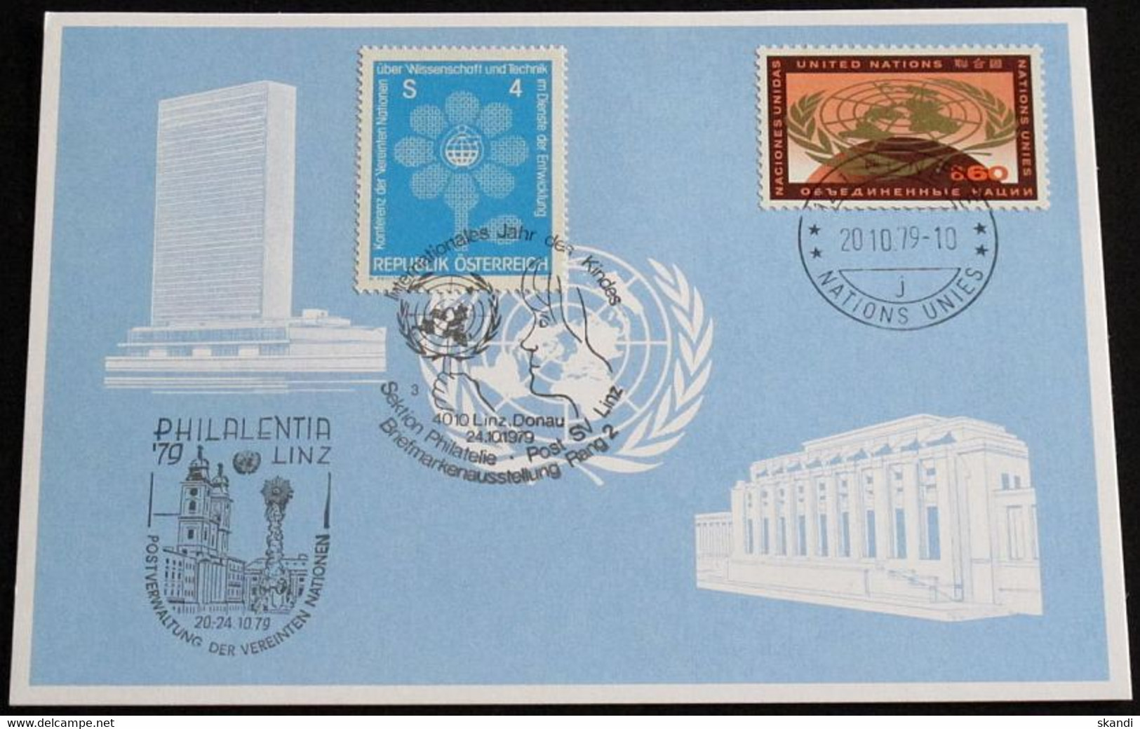 UNO GENF 1979 Mi-Nr. 82 Blaue Karte - Blue Card Mit Erinnerungsstempel PHILALENTIA 79 LINZ - Lettres & Documents