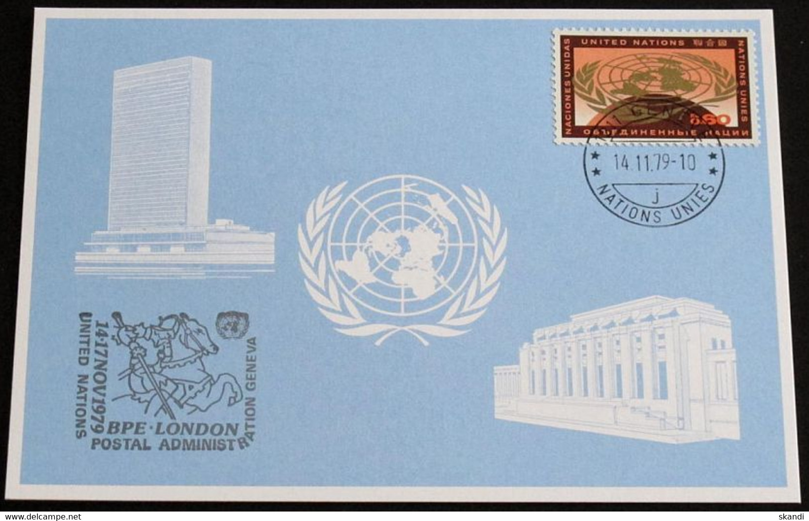UNO GENF 1979 Mi-Nr. 84 Blaue Karte - Blue Card Mit Erinnerungsstempel BPE LONDON - Brieven En Documenten