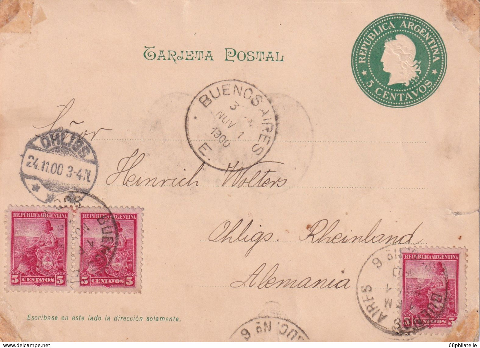 ARGENTINE 1900  ENTIER POSTAL/GANZSACHE/POSTAL STATIONERY LETTRE DE BUENOS AIRES - Postal Stationery
