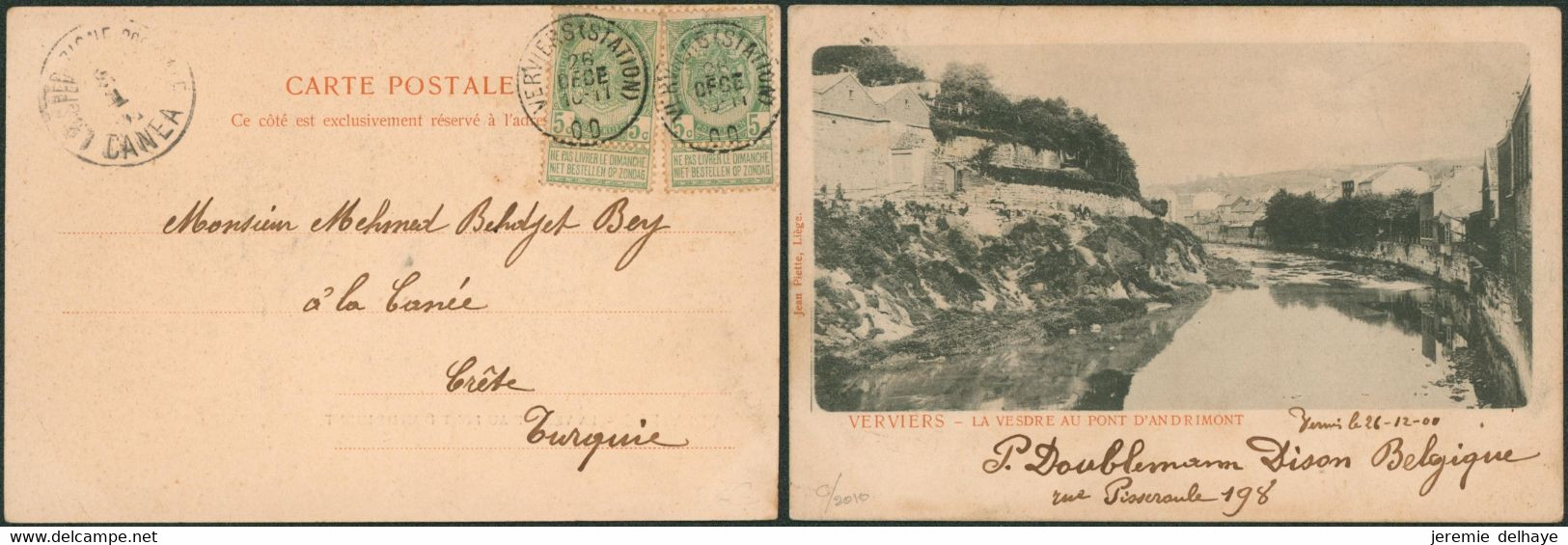 DESTINATION - N°56 X2 Sur CP Vue Expédiée De Verviers (1900) > Crête (Turquie) + Arrivée / Bonne Destinat° - Correo Rural