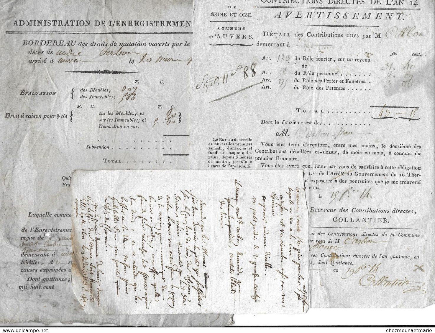 FAMILLE CARBON ANDRE JEAN - COMMUNE D AUVERS ANNEES 1814 ET 1776 - ENREGISTREMENT CONTRIBUTIONS - LOT DE 3 DOCUMENTS - Historische Dokumente