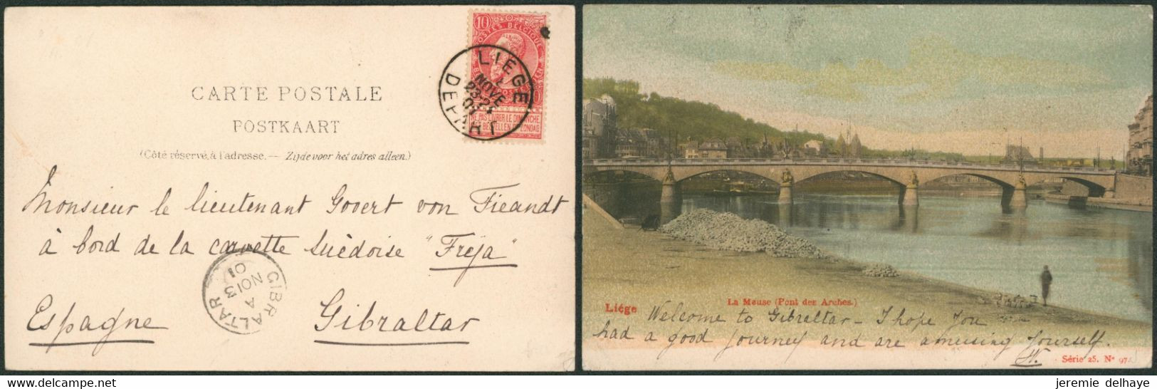 DESTINATION - N°58 Sur CP Vue Expédiée De Liège (1901) > Gibraltar (Espagne) + Arrivée - Landelijks Post