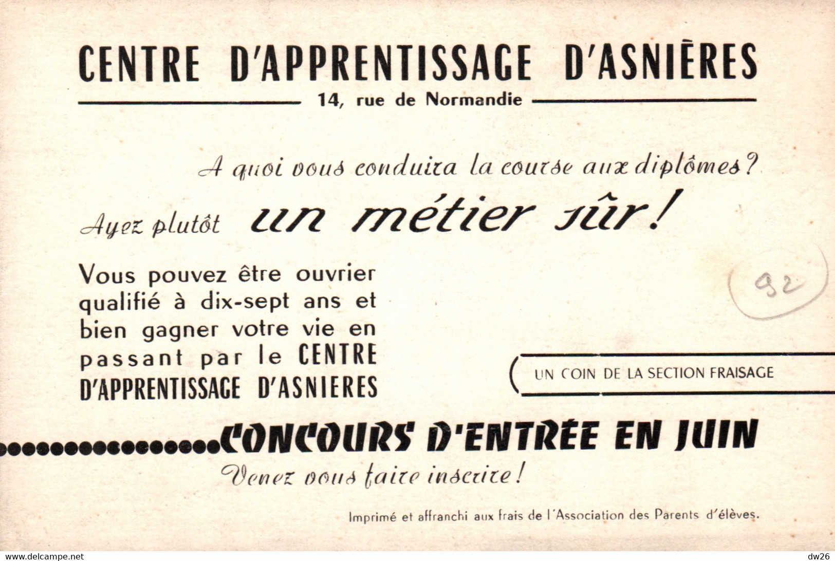 Publicité - Centre D'Apprentissage D'Asnières (Ayez Un Métier Sûr) Concours D'Entrée En Juin - Section Fraisage - Reclame