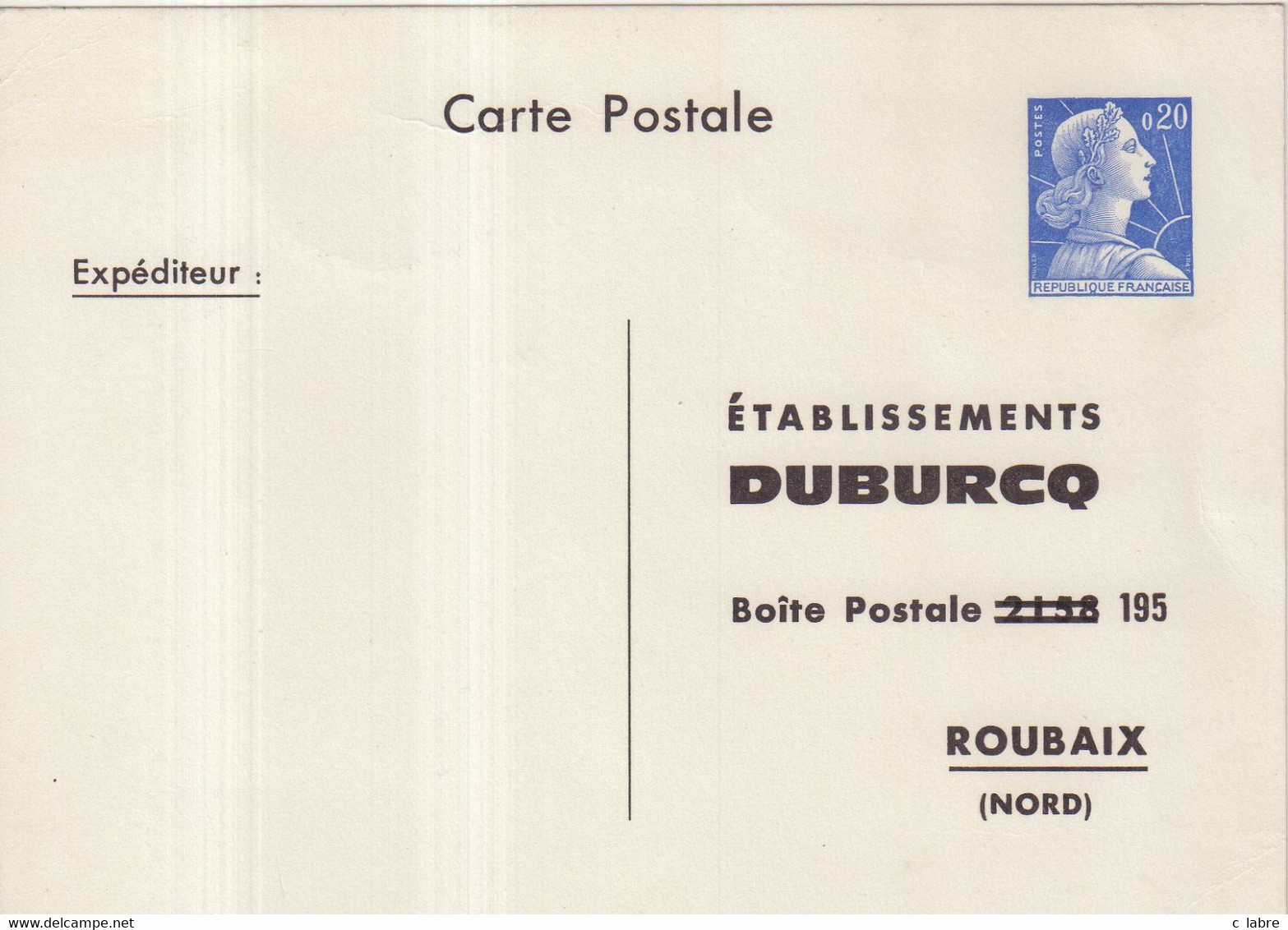 FRANCE : ENTIER POSTAL . 0.20 . TYPE MULLER . CPP TSC . " ETABLISSEMENTS DUBURCQ . ROUBAIX  " . 1964 . - Standard- Und TSC-AK (vor 1995)