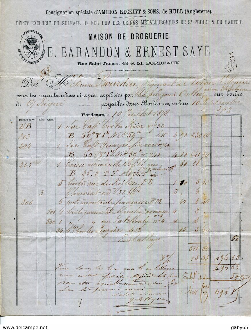 33.BORDEAUX.AMIDON RECKITT.SULFATE DE FER.MAISON DE DROGUERIE.E.BARANDON & ERNEST SAYE 49 & 51 RUE SAINT JAMES. - Chemist's (drugstore) & Perfumery