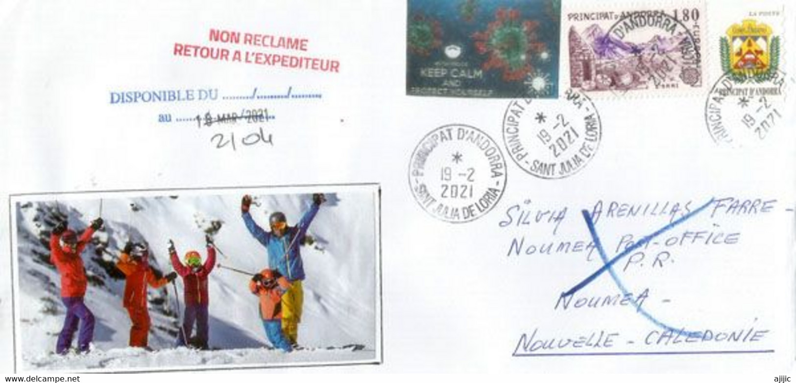 Lettre Andorre Envoyée En Nouvelle-Caledonie,pendant épidémie Covid-19, Avec Vignette Locale, Return To Sender, 2 Photos - Lettres & Documents