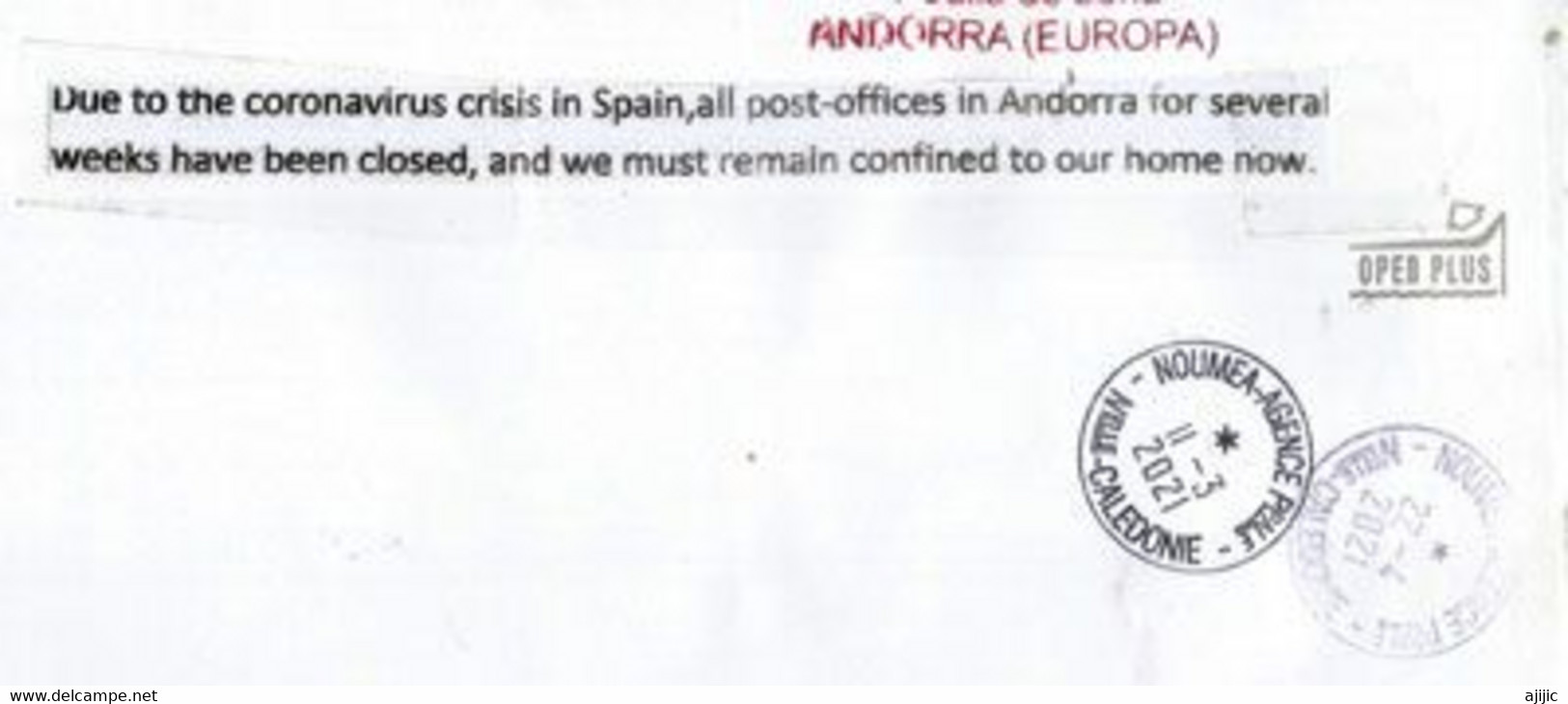 Lettre Andorre Envoyée En Nouvelle-Caledonie,pendant épidémie Covid-19, Avec Vignette Locale, Return To Sender, 2 Photos - Lettres & Documents