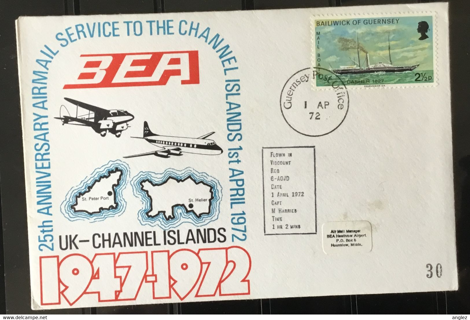 Guernsey - 1972 BEA Flown 25th Anniversary Cover To Heathrow - Guernsey