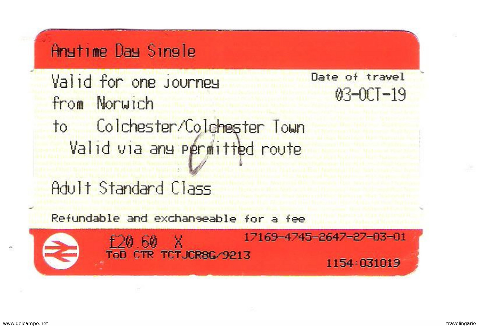 UK Norwich To Colchester One Way Railway Ticket Used - Europa