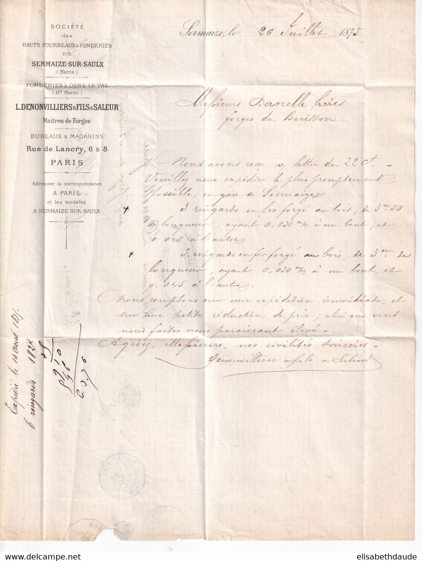 1875 - BEL AFFRANCHISSEMENT CERES Sur LETTRE De SERMAIZE SUR SAULX (MARNE) CONVOYEUR STATION ILLISIBLE => WASSY - 1871-1875 Ceres