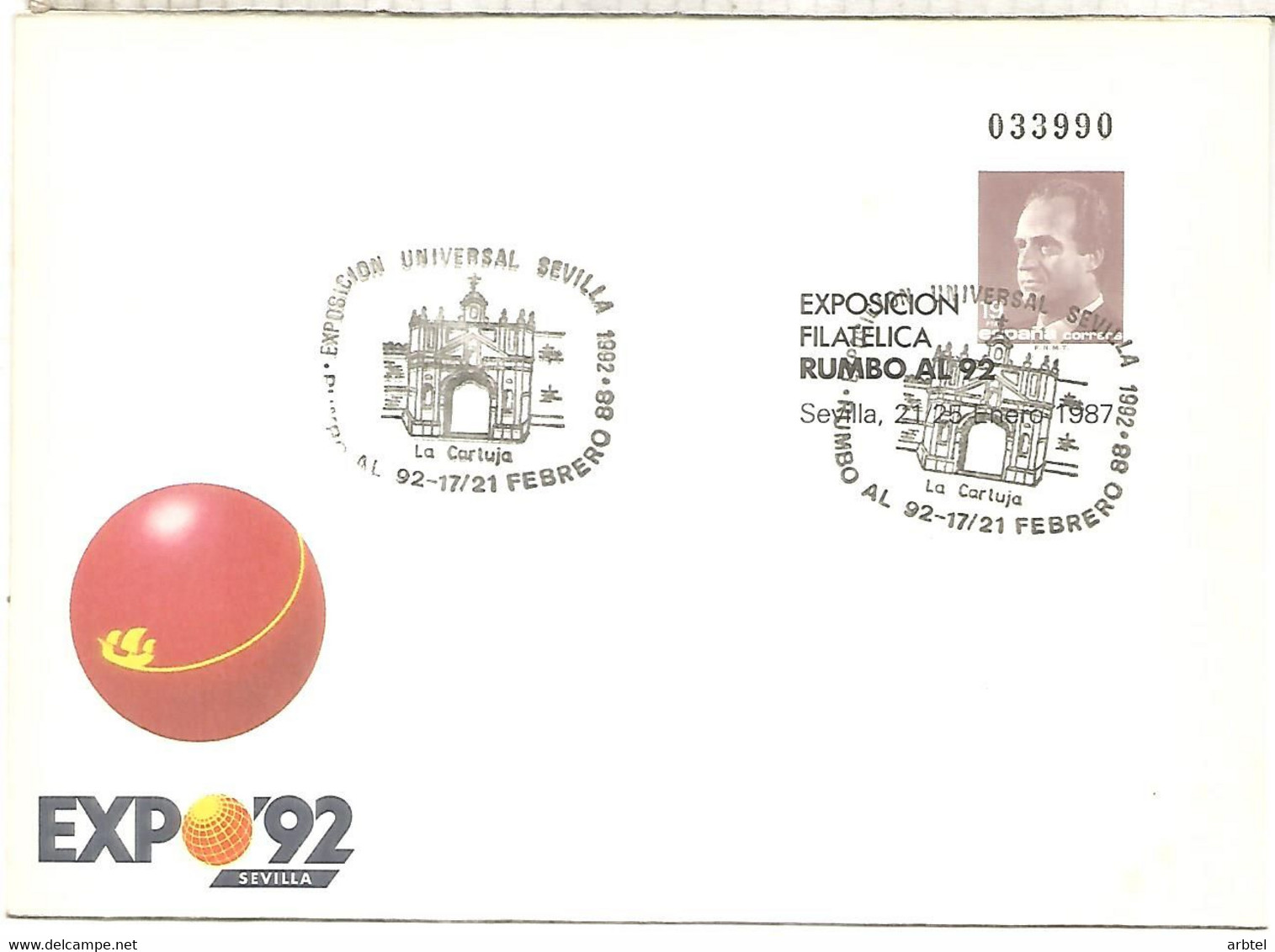 EXPO 92 SEVILLA ENTERO POSTAL EXPOSICION UNIVERSAL CON MAT LA CARTUJA - 1992 – Sevilla (Spanje)