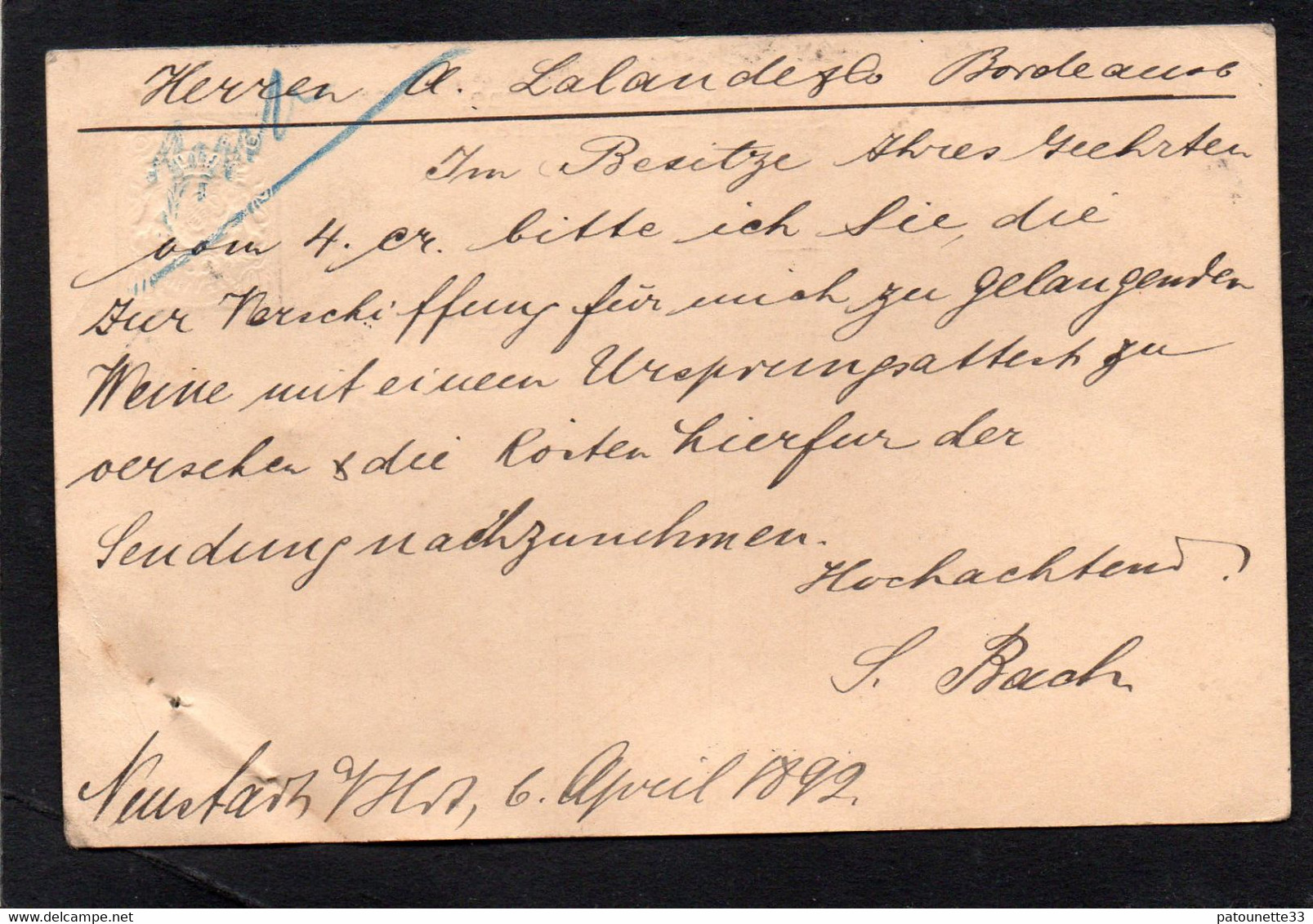 ALLEMAGNE CARTE LETTRE ENTIER POSTAL ACHAT VINSAUX ETS LALANDE BORDEAUX 08 OCTOBRE 1898 - 1800 – 1899