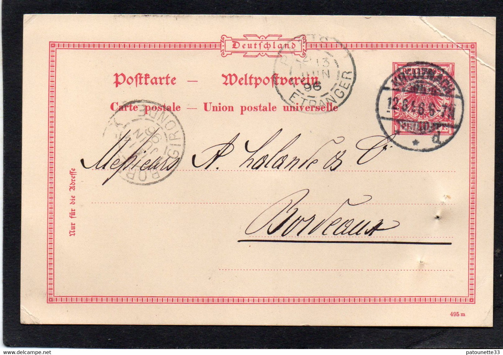 ALLEMAGNE CARTE LETTRE ENTIER POSTAL  ARTUR PICARD KREUZNAGE ACHAT VINS A  LALANDE BORDEAUX 12 JUIL 1896 - 1800 – 1899