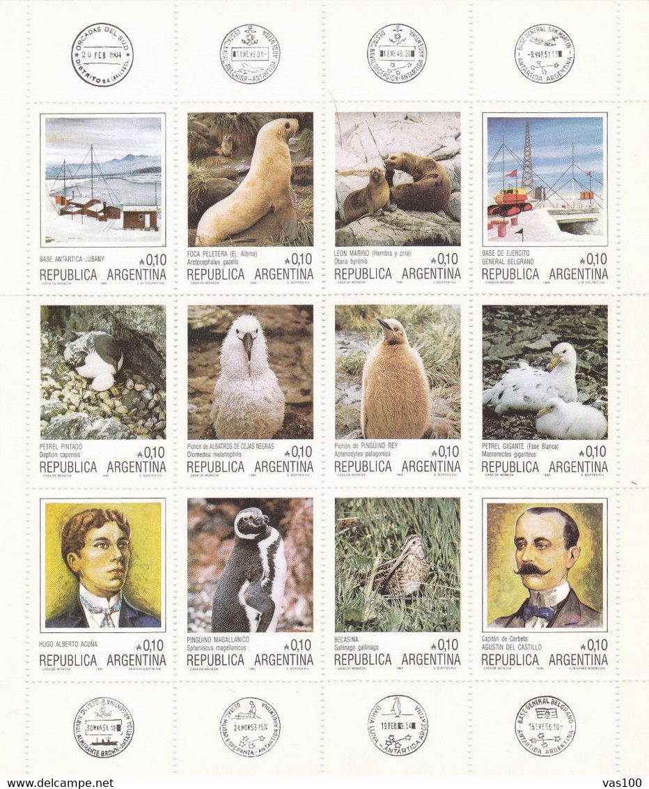 1986 Argentina Antarctic Research: Birds, Penguins, Marine Mammals, Polar Station, Explorers Minisheet (** / MNH / UMM) - Research Programs