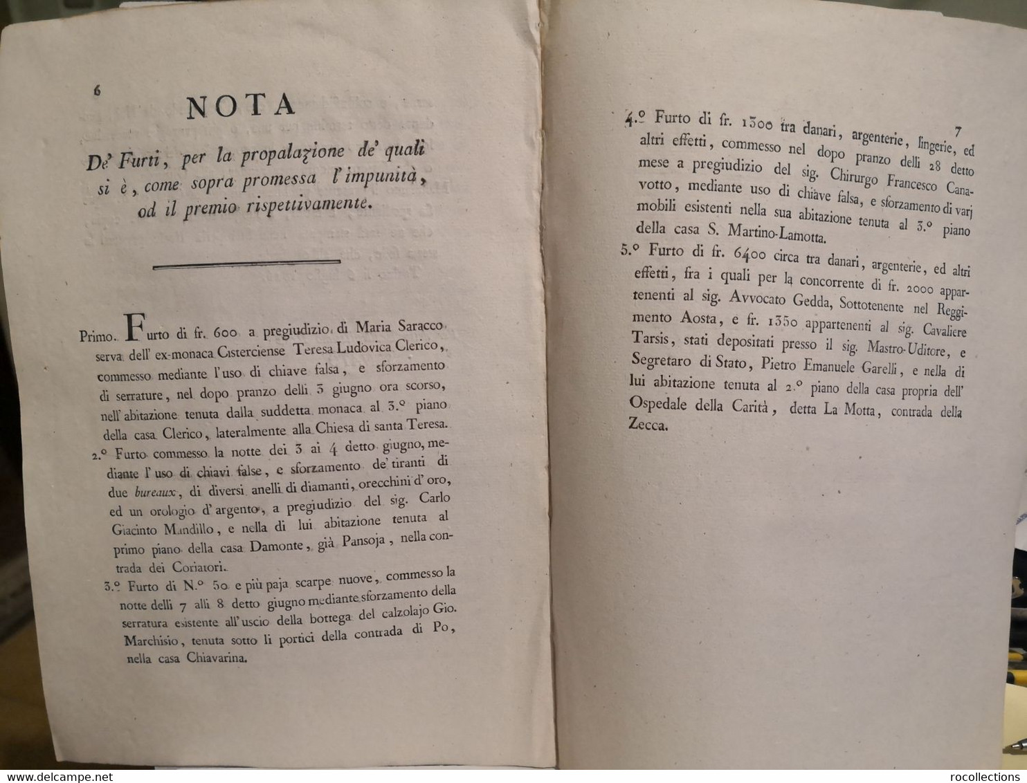 Torino MANIFESTO SENATORIO Promessa D'impunità. Curiosa NOTA DEI FURTI In Varie Contrade Della Città 1816 - Decrees & Laws