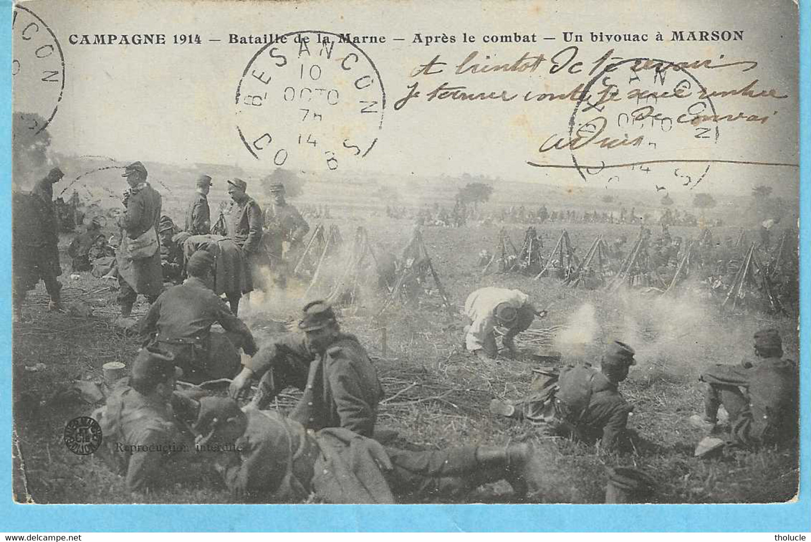 Militaria-Campagne 1914-Bataille De La Marne-Bivouac à Marson Après Le Combat-cachet Besançon Et Moissey (Jura) - Weltkrieg 1914-18