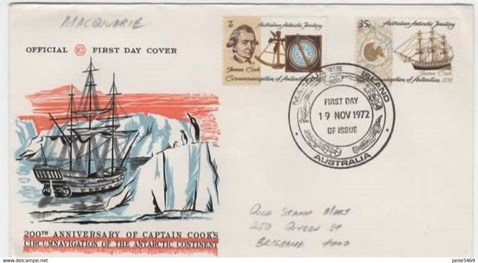 Australia Antarctic Territory  1972 Capt Cook , Base Macquarie  Wesley FDC - FDC