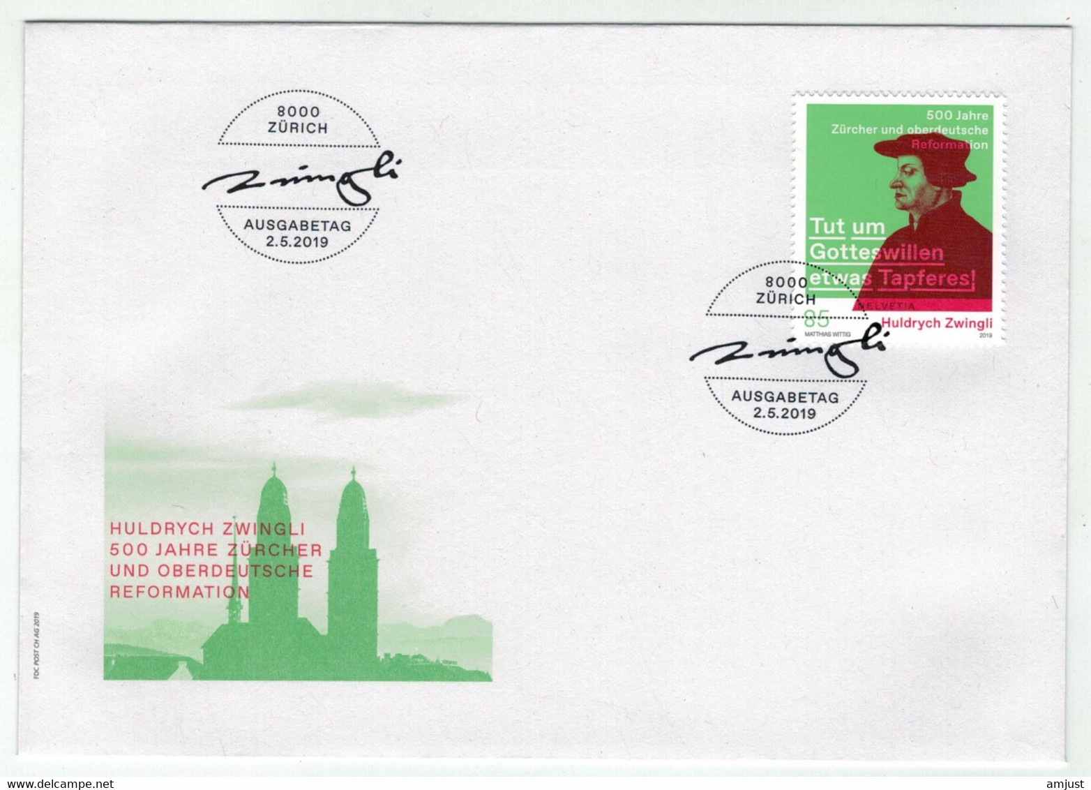 Suisse /Schweiz/Svizzera/Switzerland // FDC // 2019 // Huldrych Zwingli 500 Ans De La Réforme à Zurich , Lettre 1er Jour - FDC