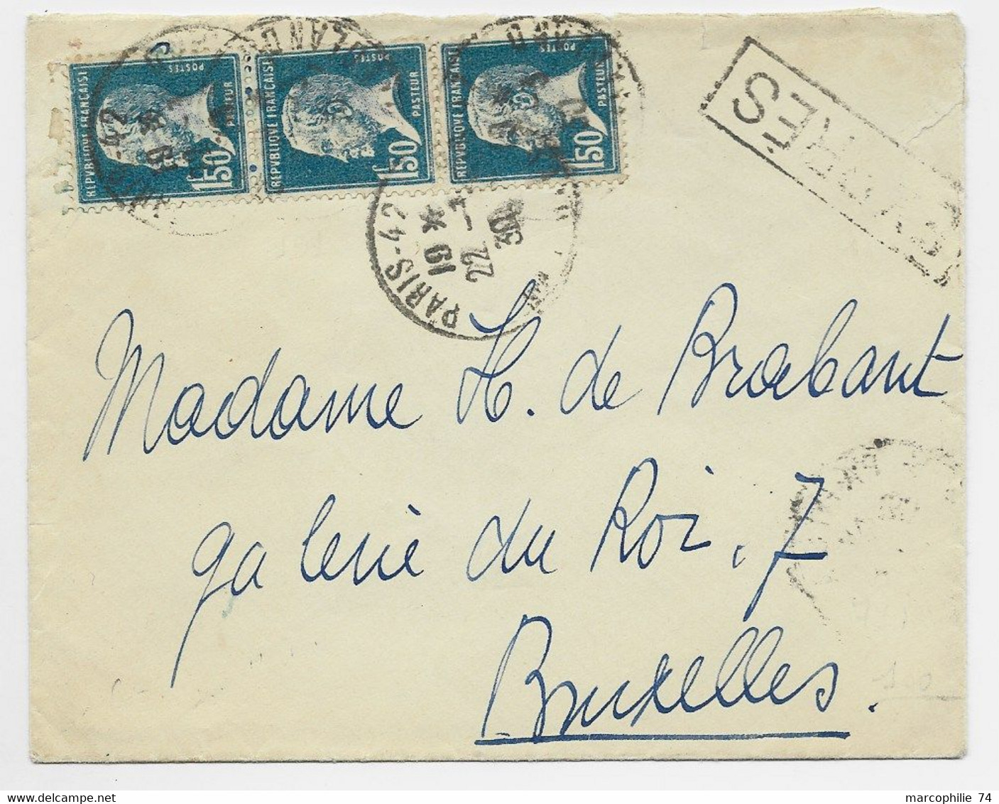 PASTEUR 1FR50 BANDE DE 3 LETTRE PARIS 22.3.1930 POUR BRUXELLES AU TARIF - 1922-26 Pasteur