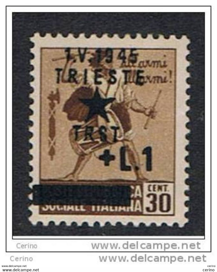 TRIESTE:  1945  OCCUPAZIONE  JUGOSLAVA  -  £.1/30 C. BRUNO  N. -  FILIGRANA  CAPOVOLTA  -  SASS. 12  -  SPL  -  RRR - Ocu. Yugoslava: Trieste