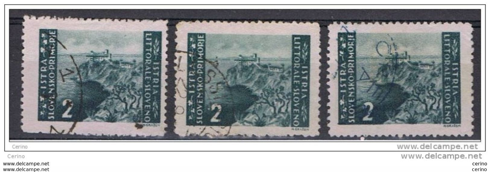 ISTRIA:  1946 TIRATURA  DI  ZAGABRIA  -  £.2  VERDE  GRIGIO  US. -  D. 12  -  RIPETUTO  3  VOLTE  -  SASS. 55 - Joegoslavische Bez.: Istrië