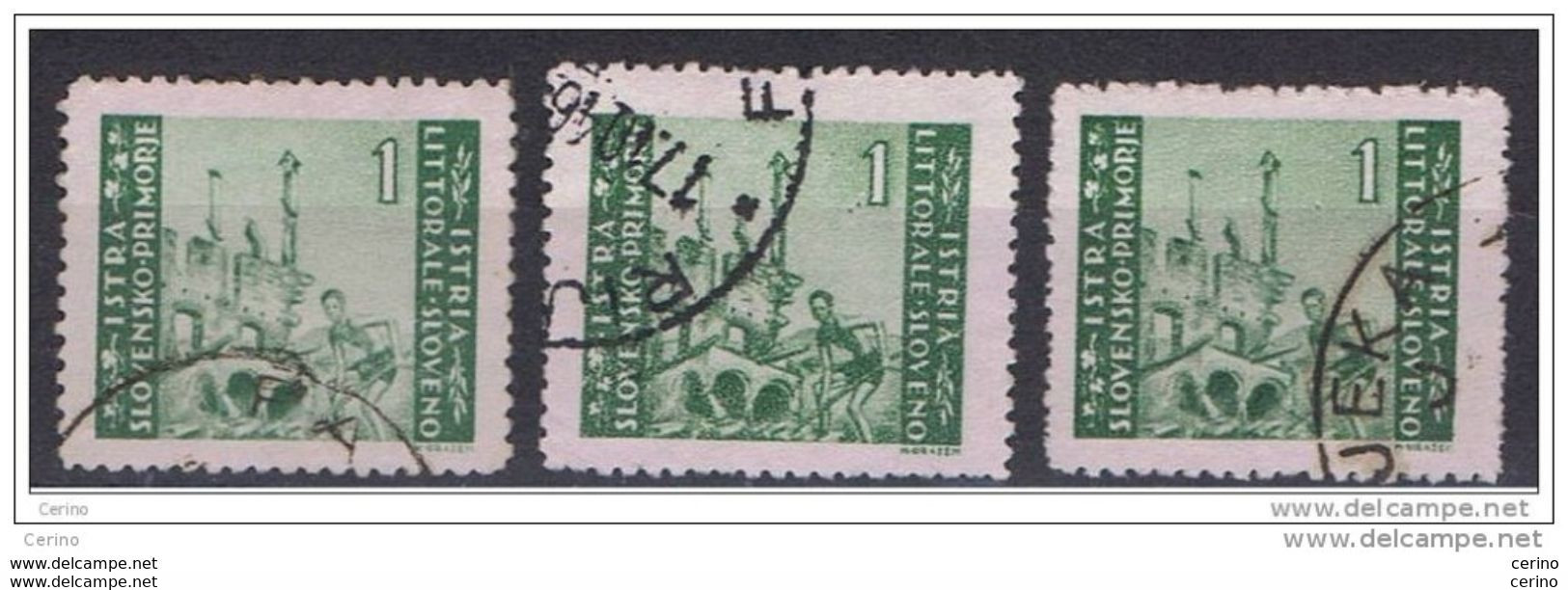 ISTRIA:  1946  TIRATURA  DI  ZAGABRIA  -  £.1  VERDE  US. -  D. 12  -  RIPETUTO  3  VOLTE  -  SASS. 53 - Occ. Yougoslave: Istria