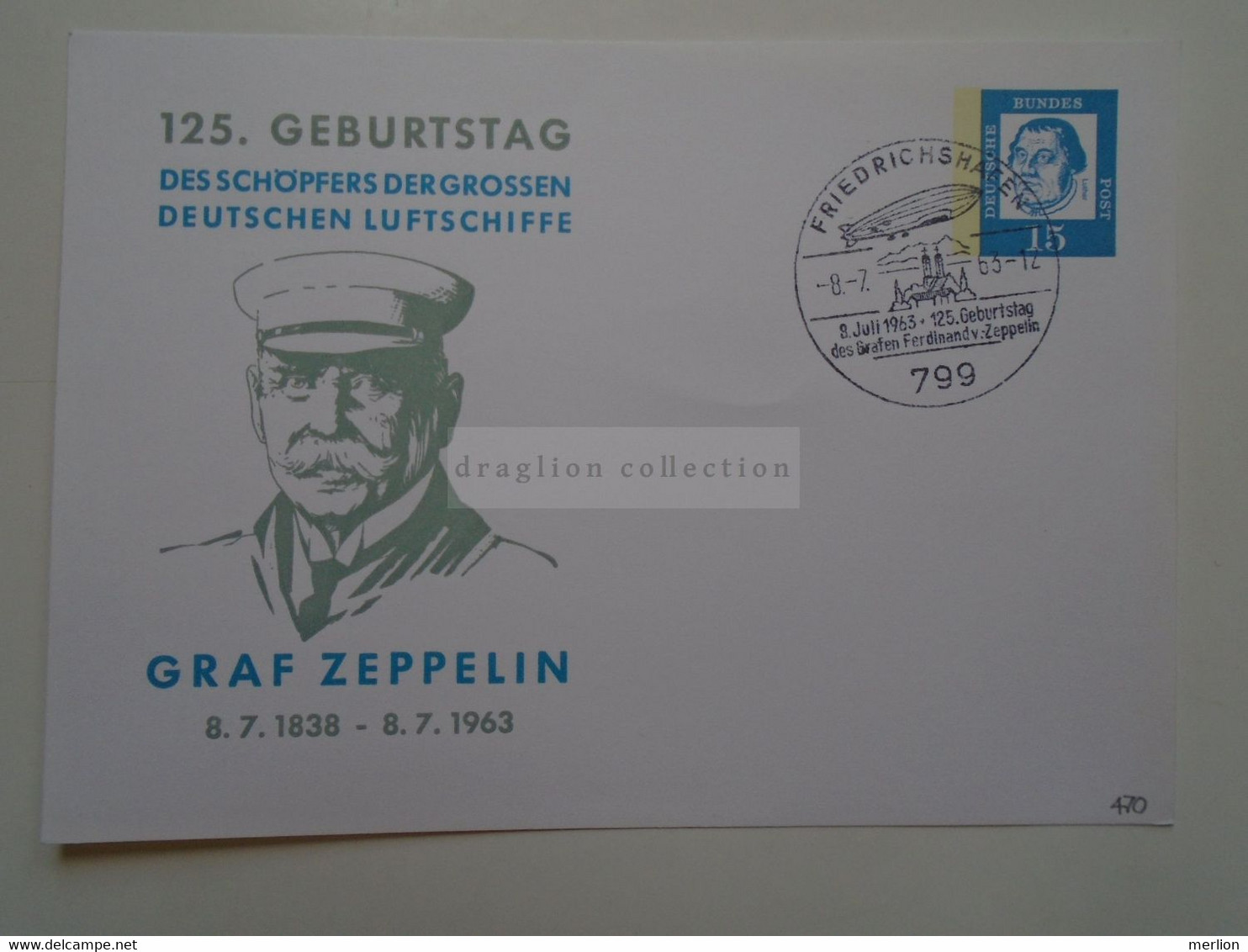 D182241 Deutschland  Postkarte - 1963 Ganzsache  Postal Stationery -cancel Friedrichshafen - 125. Geb. GRAF ZEPPELIN - Cartes Postales Privées - Oblitérées