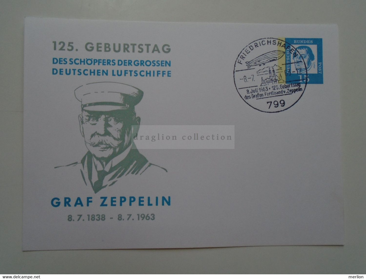 D182246  Deutschland  Postkarte - 1963 Ganzsache  Postal Stationery  Cancel Friedrichshafen - 125. Geb. GRAF ZEPPELIN - Privatpostkarten - Gebraucht