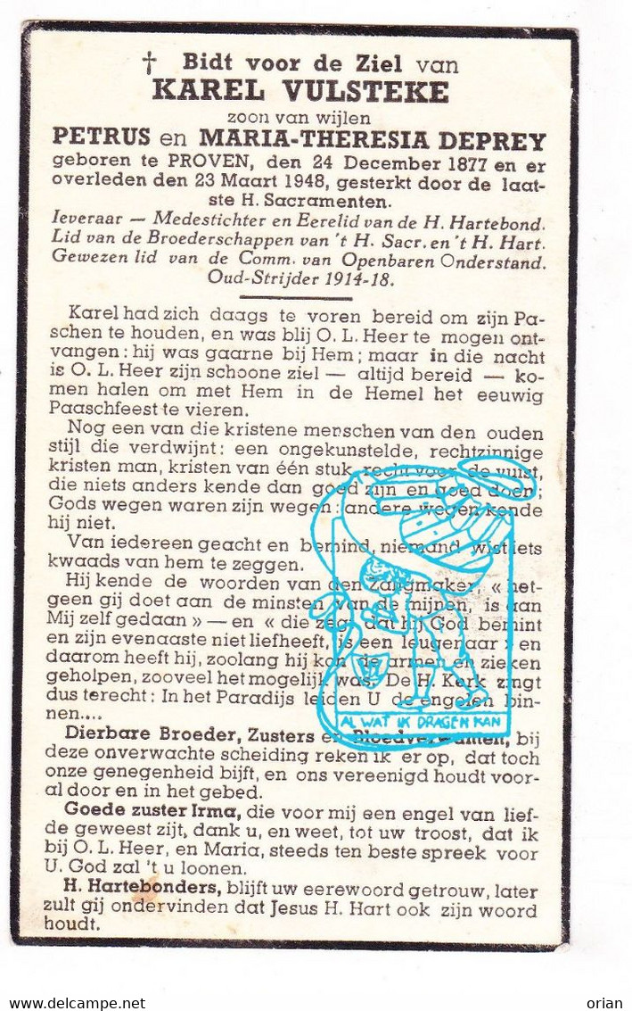 DP Lid COO - Oudstrijder - Karel Vulsteke / Deprey ° Proven Poperinge 1877 † 1948 - Imágenes Religiosas