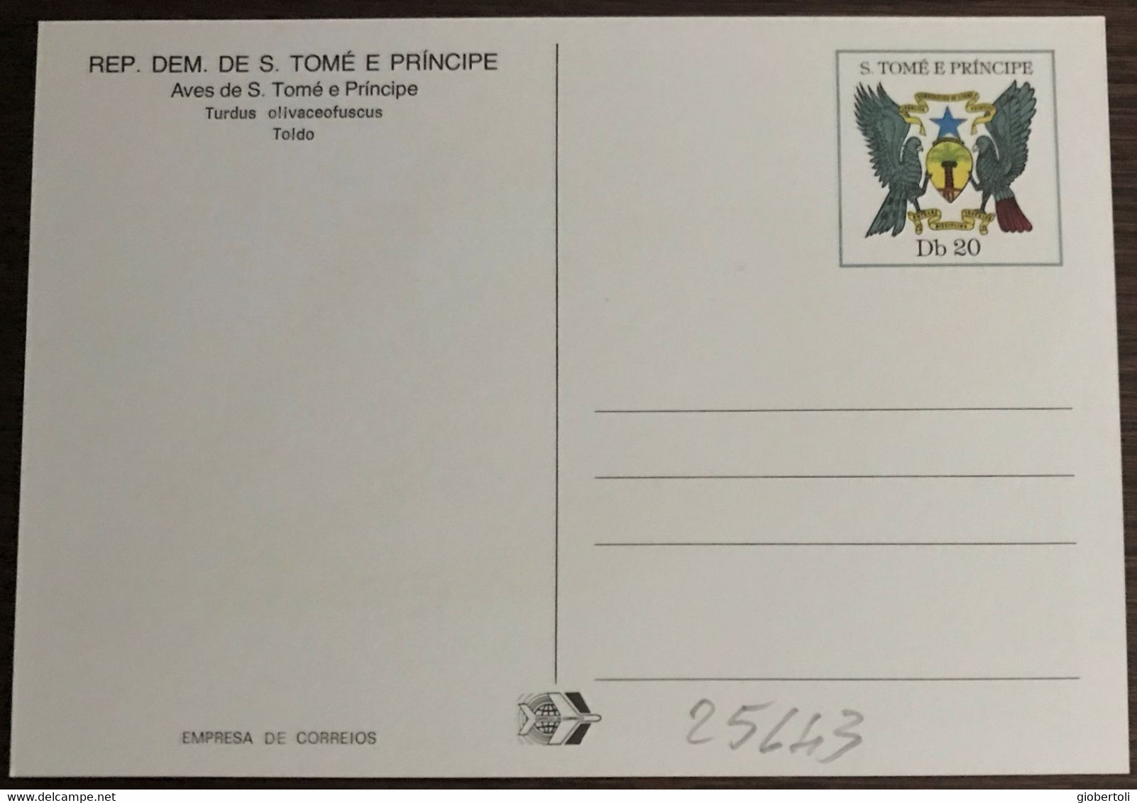 Sao Tomé E Principe: Intero, Stationery, Entier, Turdus Olivaceofuscus - Passeri