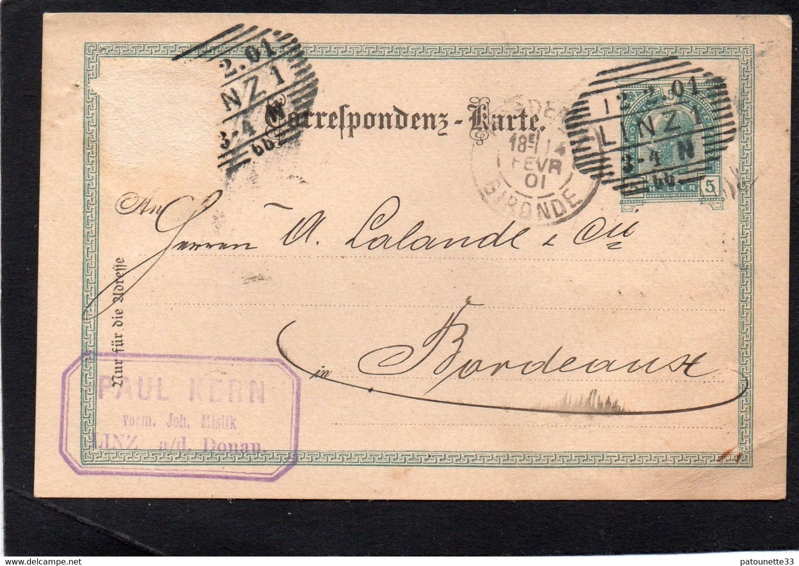 AUTRICHE CARTE LETTRE ENTIER POSTAL  PAUL KERN LINZ ACHAT VINS A ETS LALANDE BORDEAUX - 1800 – 1899