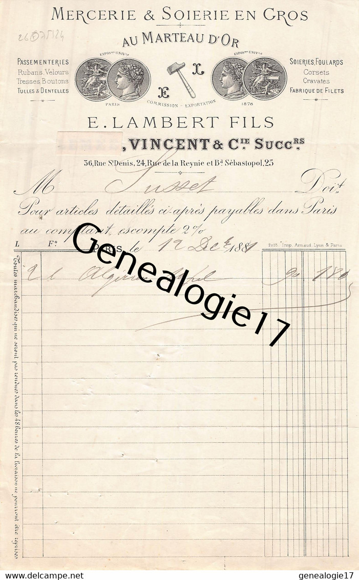 75 24175 PARIS SEINE 1881 Mercerie VINCENT Succ LAMBERT Ets AU MARTEAU D OR Rue La Reynie FABRIQUE DE FILETS A SUSSET - 1800 – 1899