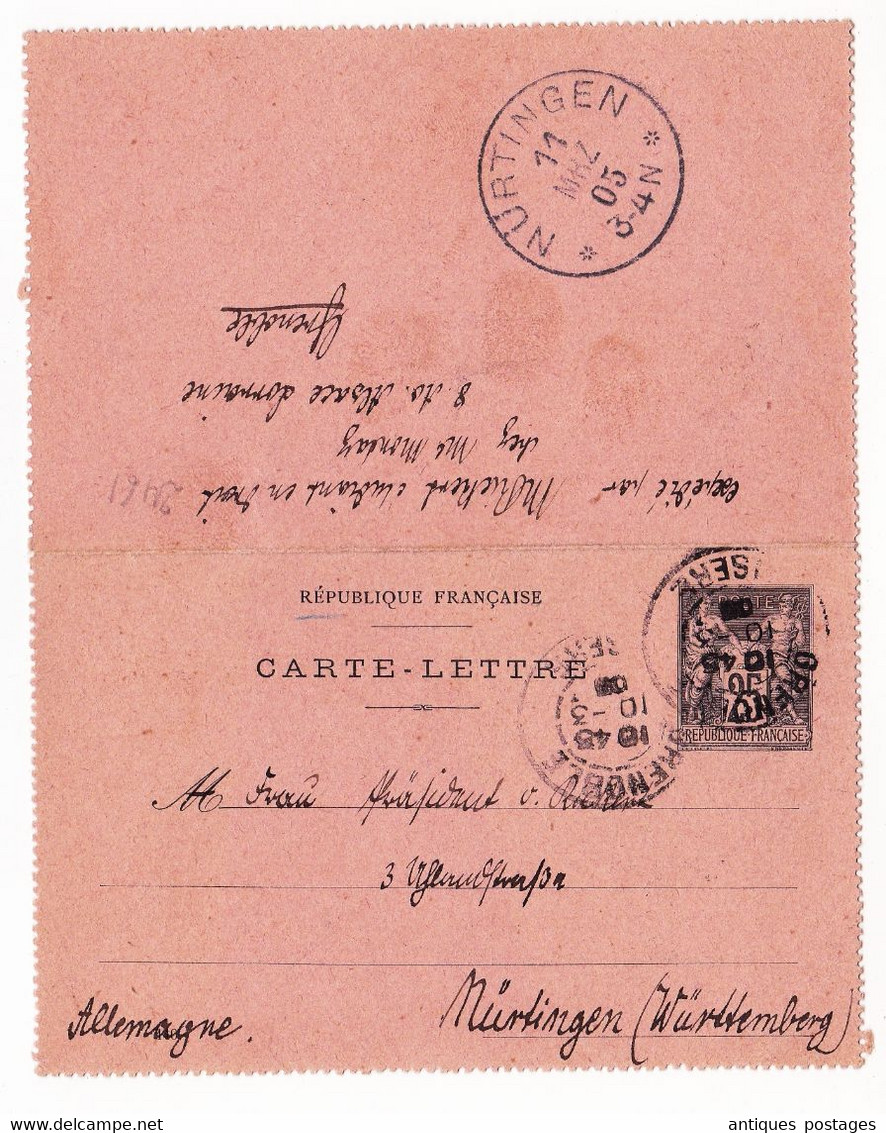 Entier Postal 1905 Grenoble Isère Type Sage Allemagne Nurtingen Würtenberg - Cartes-lettres