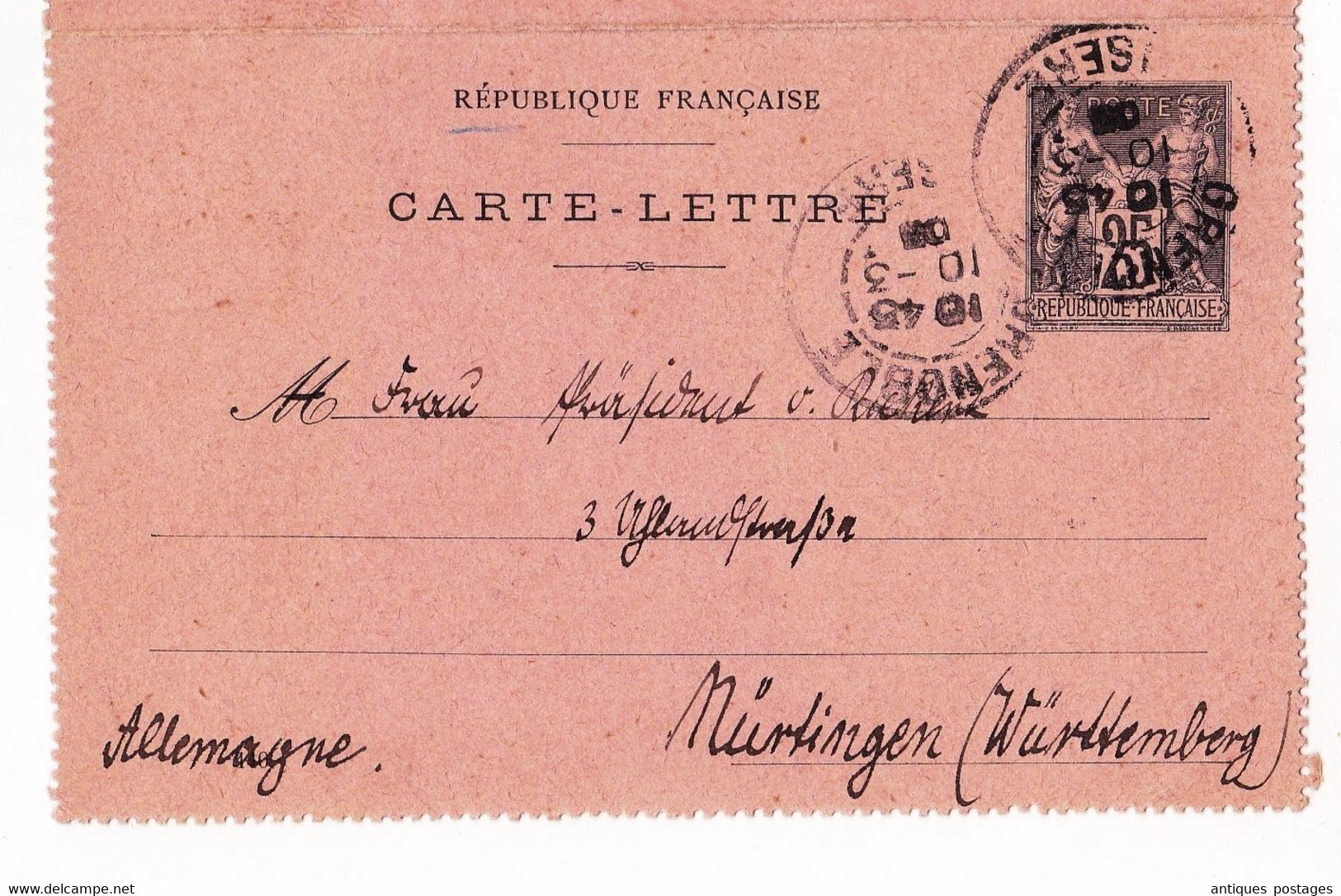 Entier Postal 1905 Grenoble Isère Type Sage Allemagne Nurtingen Würtenberg - Kaartbrieven