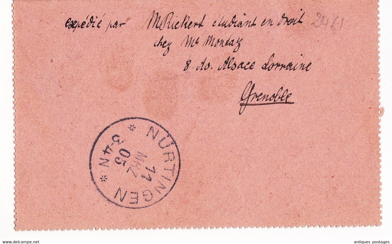 Entier Postal 1905 Grenoble Isère Type Sage Allemagne Nurtingen Würtenberg - Letter Cards