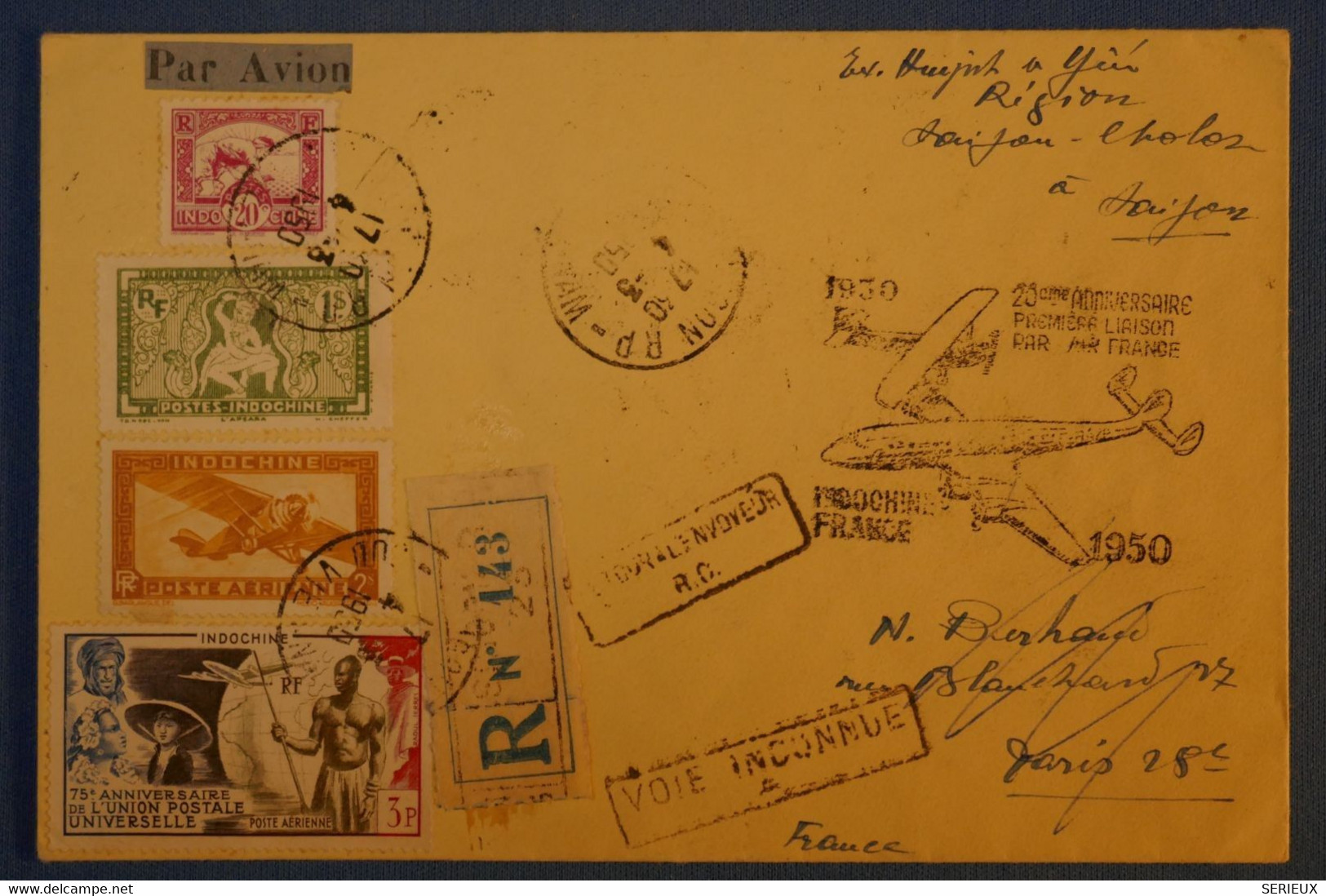 F4 INDOCHINE BELLE LETTRE RECOM. 1950 PAR AVION SAIGON POUR PARIS + VOIE INCONNUE +RETOUR+AU VERSO T.P - Cartas & Documentos