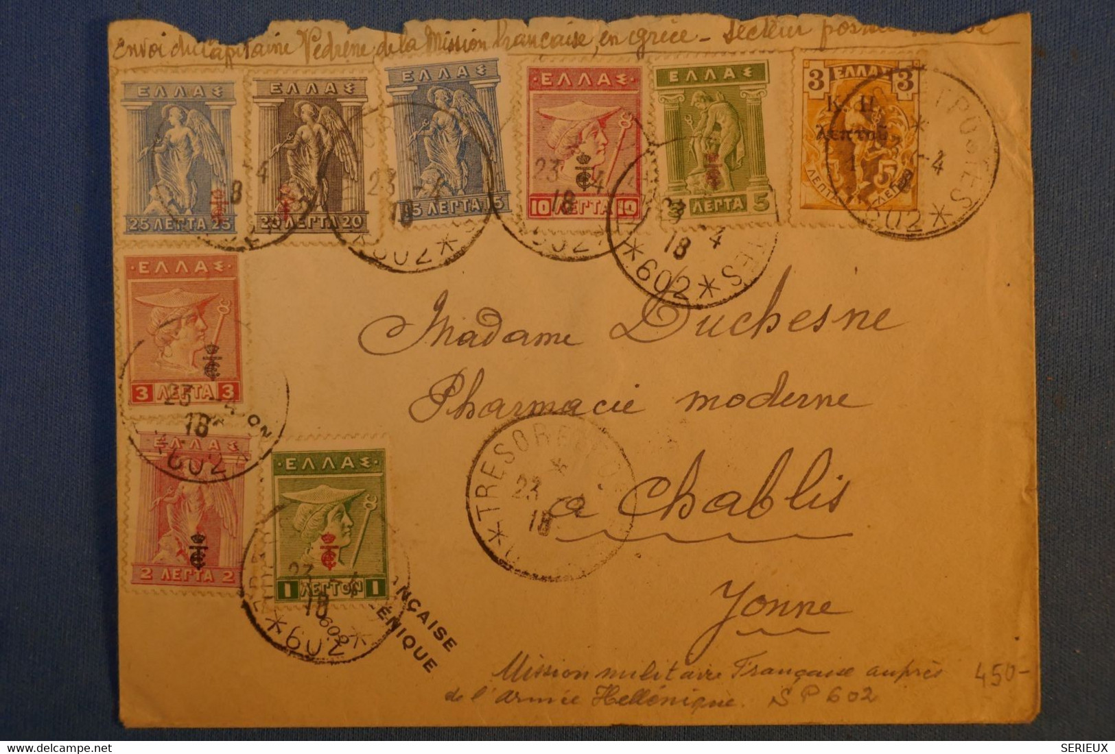 F3 GRECE BELLE LETTRE RARE 1918 MISSION MILITAIRE FRANCAISE AUPRES DE L ARMEE HELLENIQUE SP 602 POUR CHABLIS FRANCE - Lettres & Documents