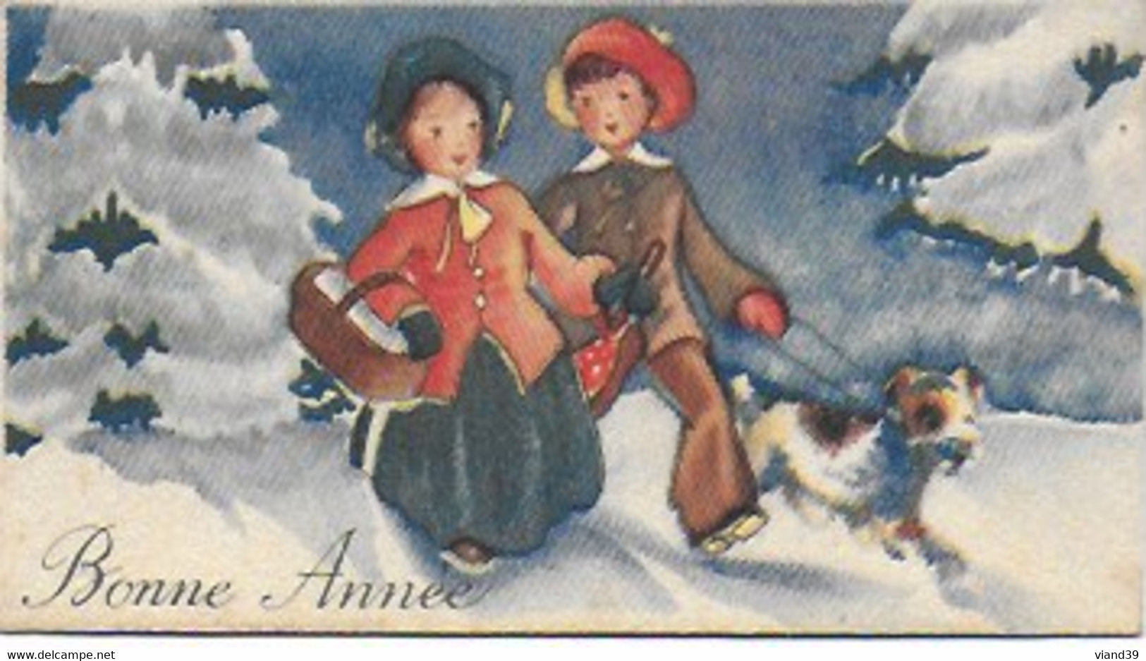 Bonne Année - Lot De 6 Petites Cartes De Format 12 X 6 Cm Thème : Deux Enfants - époque Années 1939 - 1944 - Collections & Lots