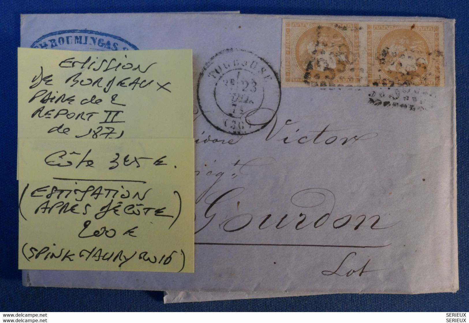 C FRANCE BELLE LETTRE 1874 TOULOUSE POUR GOURDON+ AFFRANCHISSEMENT INTERESSANT - 1870 Emisión De Bordeaux