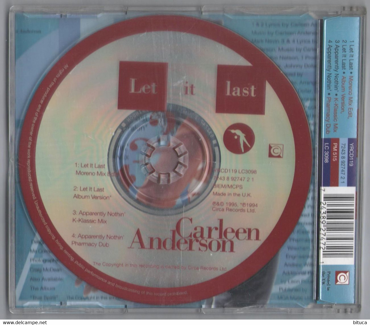 CD 4 TITRES CARLEEN ANDERSON LET IT LAST INCLUDES APPARENTLY NOTHIN' MIXES  TRèS BON ETAT & RARE - Dance, Techno & House