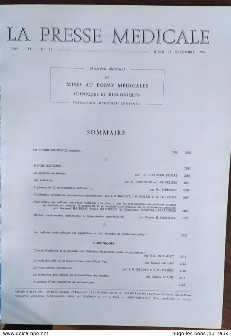 La Presse Médicale_Tome 77_n°55_Noël 1969_Masson Et Cie - Medicina & Salud