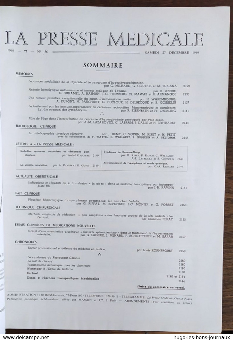 La Presse Médicale_Tome 77_n°56_décembre1969_Masson Et Cie - Medicina & Salute